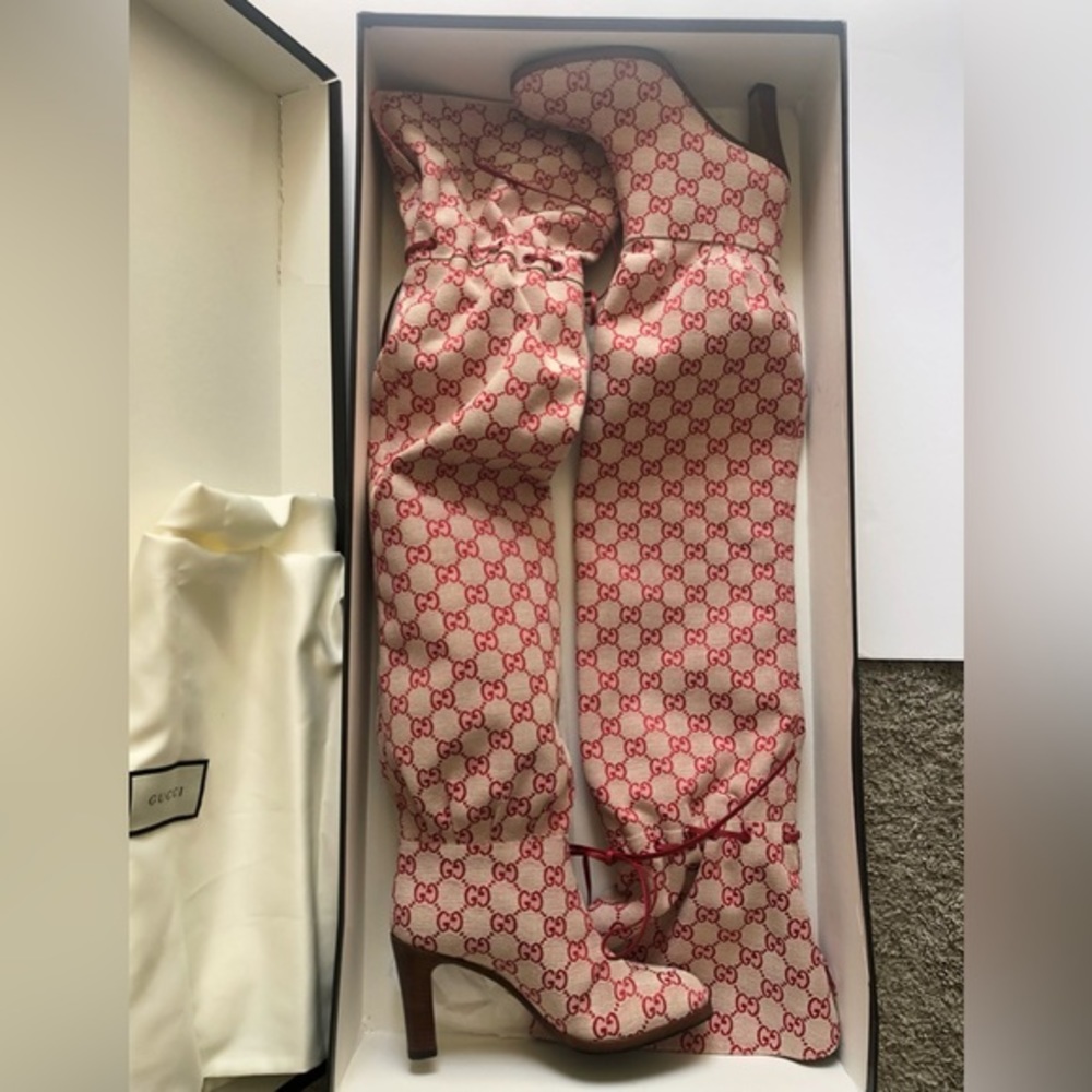 Gucci Red Patterned Heeled Boots - Picture 4 of 13